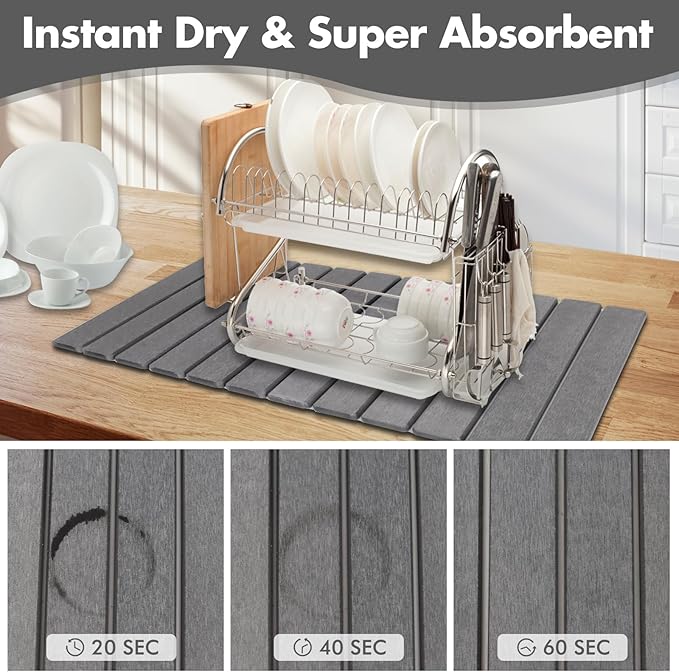 Extra Large Stone Dish Drying Mat for Kitchen Counter 28×16 Eco-friendlyInstant Drying PadDiatomaceous Earth Water Absorbing Mat Foldable and Super Absorbent Dish Drying Stone Mat Dark Gray