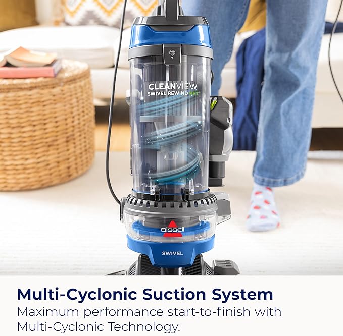 Bissell CleanView Swivel Rewind Vacuum with Automatic Cord Rewind TurboEraser Upholstery Tool Triple Action Brush Roll Swivel Steering Extension Wand Easy-Empty Dirt Tank Multi-Cyclonic Suction