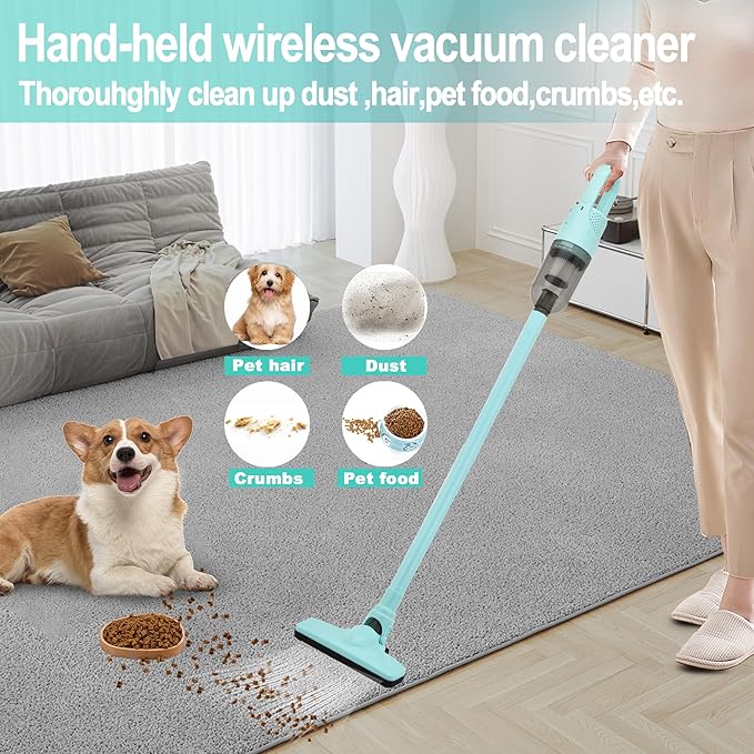 6-in-1 Lightweight Stick Vacuum Cleaner with 100W Powerful Motor Mini Portable Household Handheld Vacuum Cleaner for Domestic Hard Floors Carpets and Pet Hair(Green Cordless with Plug)