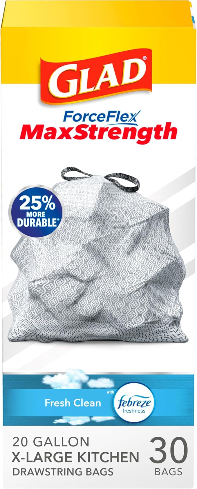 Glad ForceFlex MaxStrength XL Trash Bags 20 Gal Fresh Clean 30 Ct (Package May Vary)