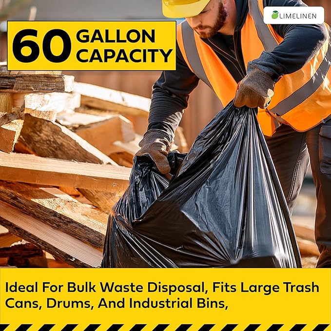 Lime Linen 60 Gallon Heavy Duty Contractor Xl Black Garbage Bags | Industrial Construction &amp Yard Waste | Tear Resistant | 40 Pack Extra Thick 2.5 Mil Tie Bags Interleaved On Roll Secure Closu