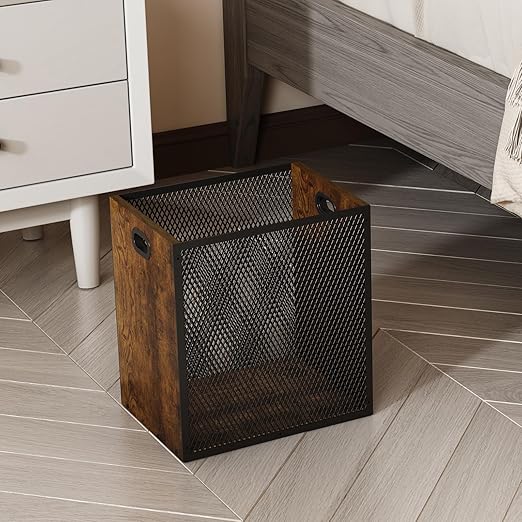 Retro Office Trash Can Iron and Wood Combination Bedroom Garbage Can Rectangular Design Wastebasket with Handle Industrial Style Trash Can for Home Office 11.02 X 7.87 X 11.81 4.5 Gallon (2)
