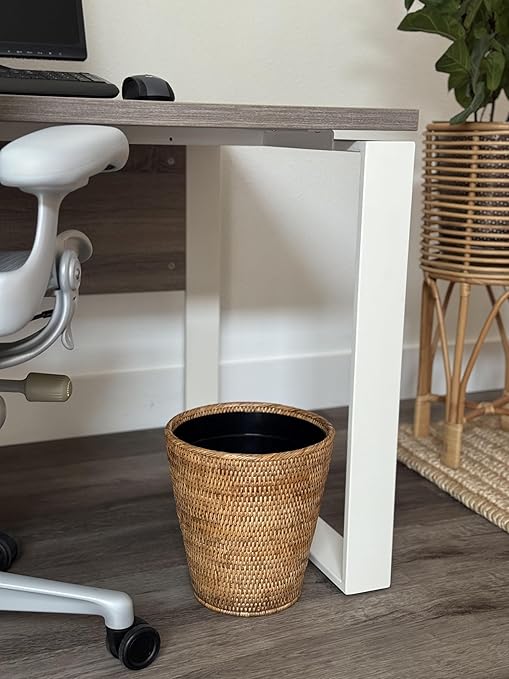 Mekomy KOUBOO La Jolla Rattan Wastebasket with Plastic Insert Handmade Trash Can Small Wastebasket Bedroom Bathroom Vanity RV Dorm Honey Brown