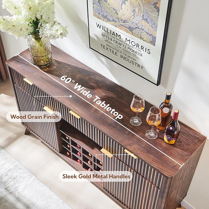 OKD Fluted Wine Bar Cabinet 60 Wide Modern Buffet Sideboard with Ample Storage - 2 Side Cabinets 3 Drawers 4 Glass Holders &amp 12 Wine Racks Coffee Bar Cabinet for Kitchen Dining Room Dark Wa