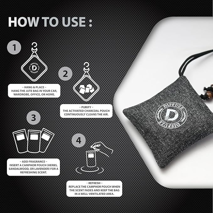 DIFFUZE Camphor Bag Pro | 4-in-1 Luxury Air Freshener for Car &amp Home | Grey Jute Bag with Herbs Lavender Sandalwood &amp Charcoal | Long Lasting Natural Car Perfume &amp Air Purifier