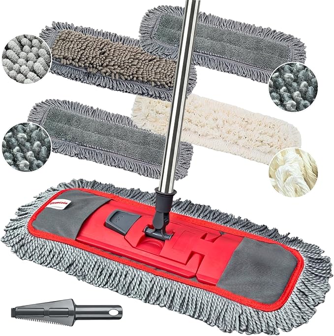 Dust Mop for Floor Cleaning with 4-in-1 Washable Pad System Wet &amp Dry Multi-Purpose Mop with Built-In Scraper and Extra-Long 62'' Stainless Steel Handle for HardwoodVinylLaminateTileMarble Fl
