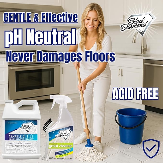Black Diamond Stoneworks Marble &amp Tile Cleaner Gallon + Ultimate Grout Cleaner with Brush Quart (2-Pack) – Safe for Natural Stone Deep Grout and Tile Cleaning to Restores Shine