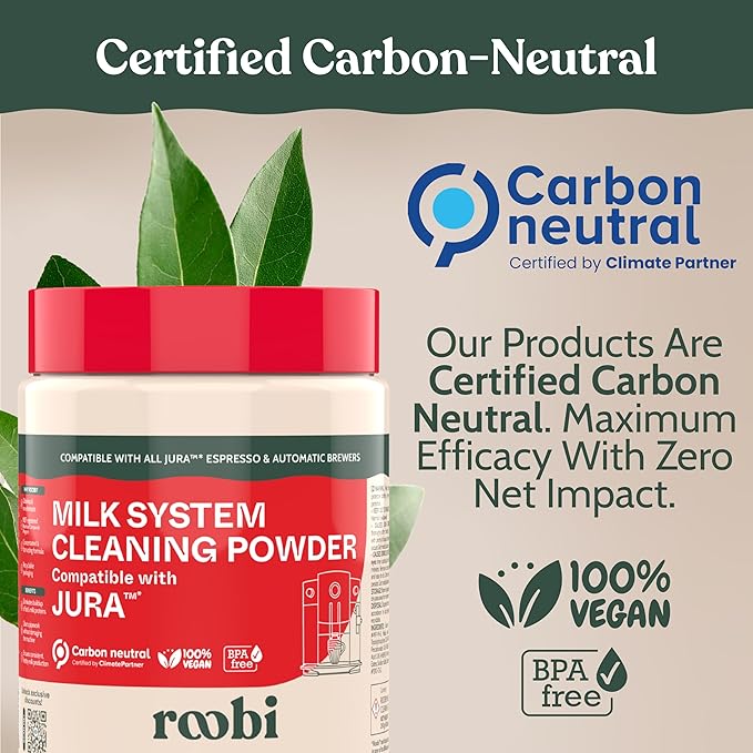 Roobi Compatible Milk System Cleaning Powder for Jura. Specially formulated for Jura Automatic Espresso Coffee Machines. 100% Vegan Carbon Neutral.