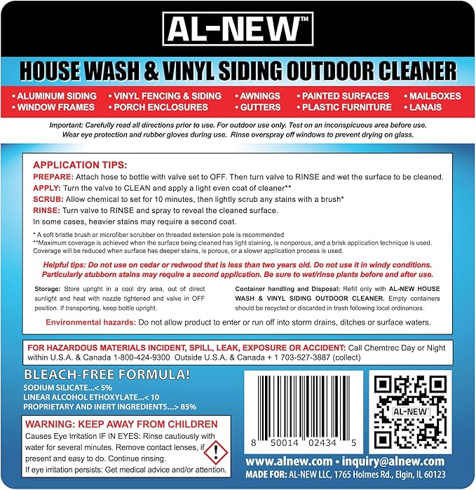 AL-NEW Outdoor Cleaner | Versatile Outdoor Cleaner 64oz Hose End Sprayer (Pack of 2) (House Wash &amp Vinyl Siding Outdoor Cleaner)