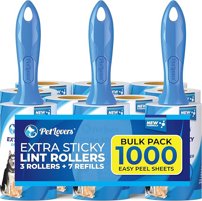 PetLovers Extra Sticky Lint Roller Mega Value Set 1000 Sheets for Pet Hair Removal Dog and Cat Lint Remover 10 Pack