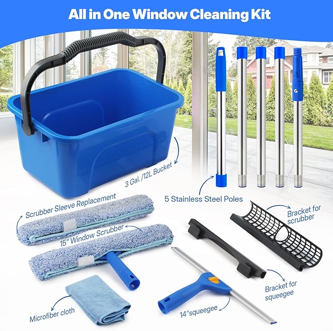 Professional Window Cleaning Kit with Bucket 3 Gallon 76 Long Handle Window Squeegee and Microfiber Scrubber High Windows Washing Equipment Window Cleaner Tool for Commercial Home Outdoor Car