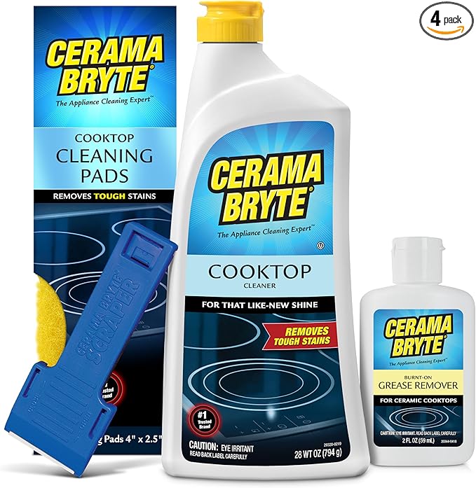 Cerama Bryte Best Value Kit: Ceramic Cooktop Cleaner 28oz Scraper 10 Pads Burnt-on Grease Remover 2oz 4 Piece Set
