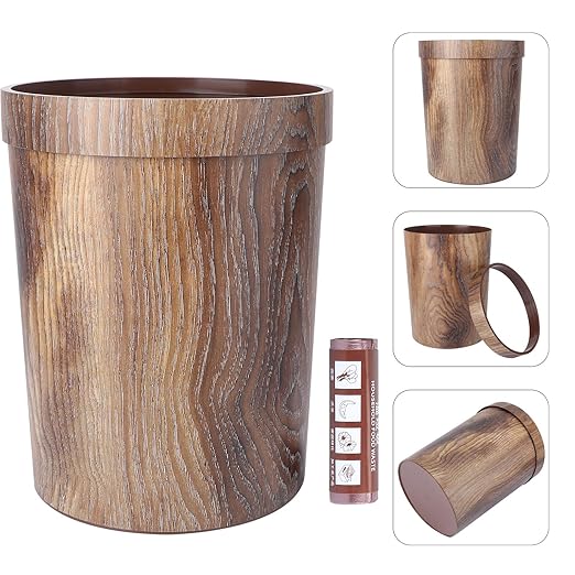 Vintage Wood Grain Wastebasket with Trash Bag PP Garbage Can for Bedroom Kitchen Living Bathroom Decorative Round Trash Container for Home Office