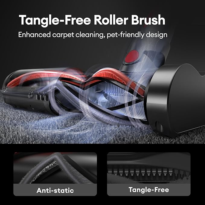 Ultenic Cordless Vacuum Cleaner 600W 55Kpa 60Mins Runtime Stick Vacuum Cordless with 180°Bendable Wand Anti-Tangle Brush Vacuum Cleaners for Home/Pet Hair/Carpet/Floor (Red)