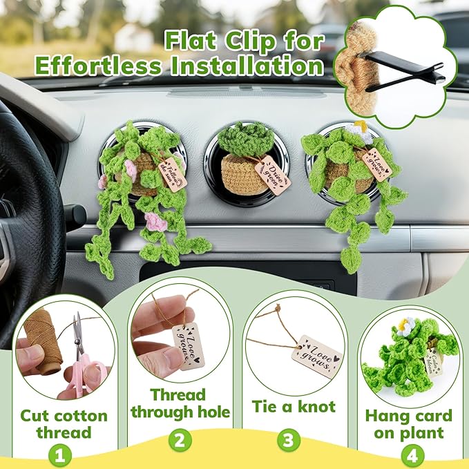 4 Pcs Crochet Plant Vent Clips for CarHandmade Mini Plant Car Air Fresheners with Inspirational CardsSucculent Sunflower Potted Plants Car Vent Clips Xmas Crochet Gift for Plants Lover with Gift Box