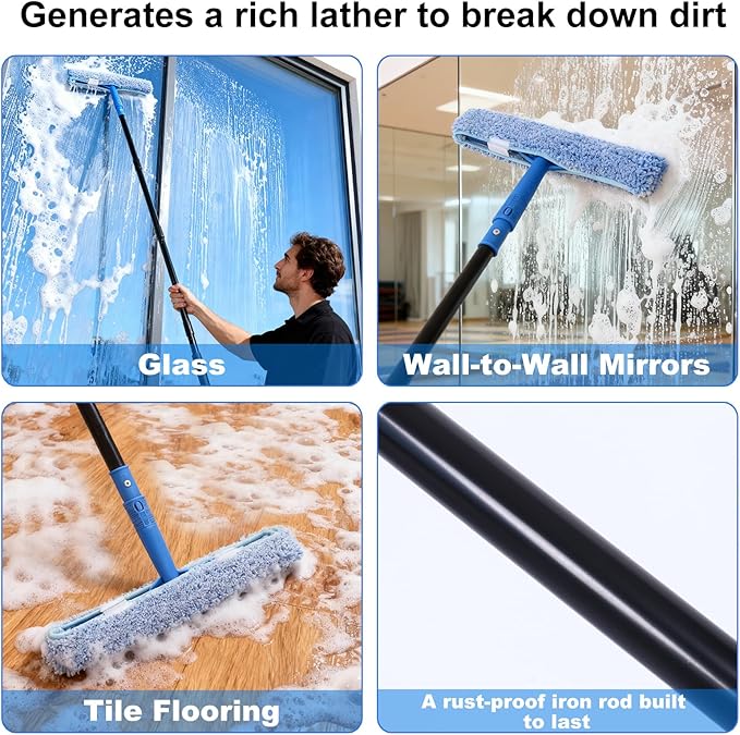 3-in-1 Professional Window Squeegee Kit with 2 Squeegee 2 Microfiber Scrubber 1 Razor Scraper Thick Iron 63.4 Window Squeegee with Extension Pole for Car Glass Mirror Wall Bathroom Home Van