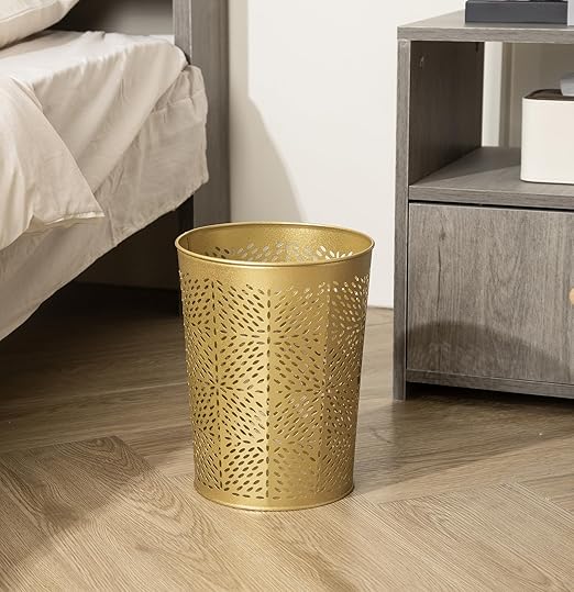 Small Gold Metal Trash Can Wastebasket Decorative Hollow-Out Garbage Can Waste Paper Bin Modern Farmhouse Round Trash Bin for Bathroom Bedroom Kitchen and Office (Floral)