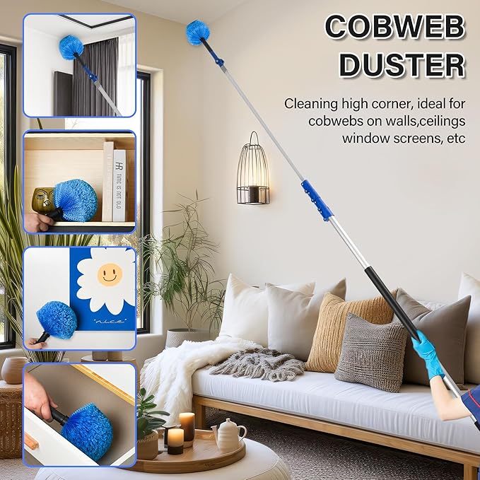 High Reach Cleaning Kit with 12FT Telescoping Pole - Ceiling Fan &amp Microfiber Feather Dusters Cobweb Brush Window Squeegee &amp Washer