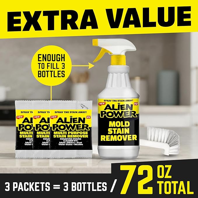 Alien Power Instant Stain Remover Spray for Mold and Mildew and Grout All Purpose No-Scrub Cleaner for Bathroom &amp Household Surfaces Tiles Wall &amp Washing Machines - 3 Packets (Makes 72 Fl O