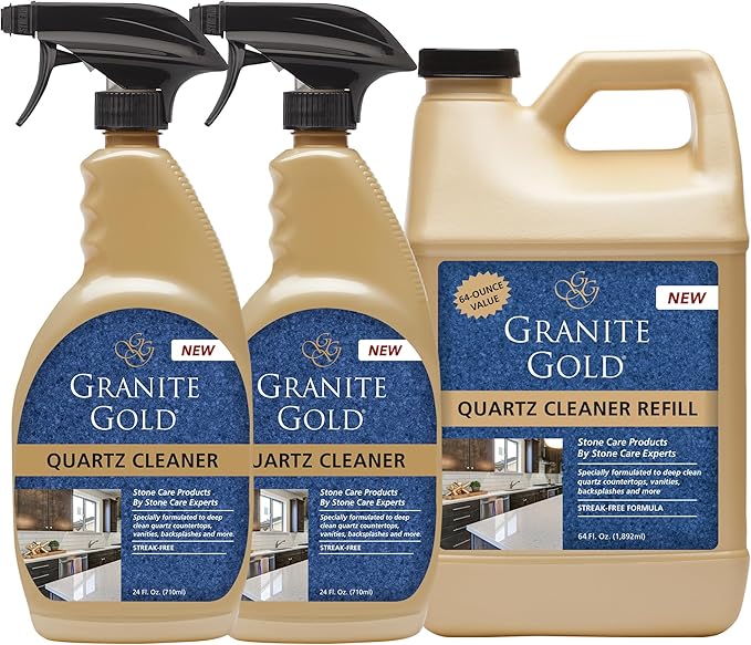 Granite Gold Quartz Cleaner Spray for Caesarstone Cambria Silestone and All Other Quartz Countertop Surfaces 64 Fluid Ounces and 2 x 24 Fluid Ounces