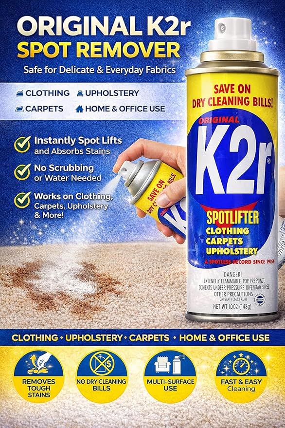 K2R SpotLifter Spot Remover Spray – Quick-Drying Stain Remover for Clothing Carpets Upholstery &amp Wallpaper – Built-In Brush Cap for No-Mess Touch-Ups – 10oz (1 1)