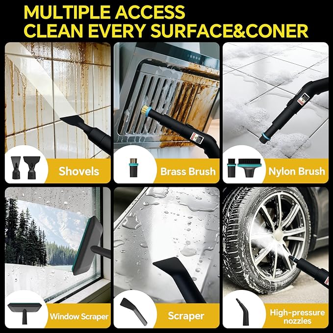 Heapsion Handheld Steam Cleaner 4 Bar Pressure 15s Fast Heat-Up 1.8L Large Capacity Tank 6 Steam Levels 12-Piece Accessories 1500W Portable Steam Cleaner for Grout Tiles Kitchen Car Detailing