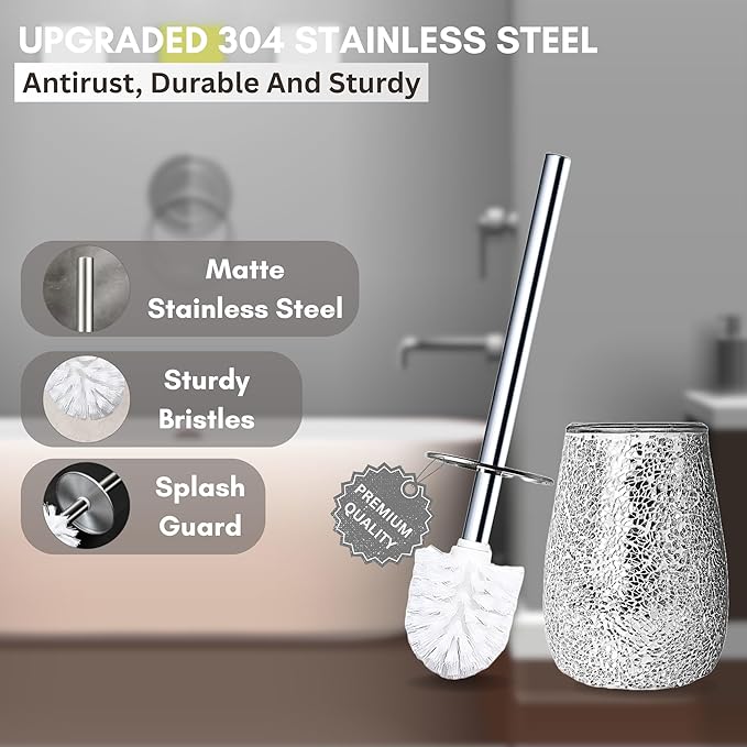 Escenzy Modern Toilet Brush and Holder Set Mosaic Glass | Non-Rustic Stainless Steel | Practical &amp Decorative Toilet Bowl Brush and Holder | Luxury Silver Glitter Bathroom Accessories