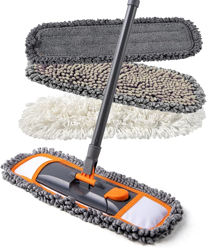 Mops for Floor Cleaning with 3 Different Washable Pads and Extendable 55” Long Handle Multifunction Dust Mop for HardwoodMarbleTile Floor MoppingOrange