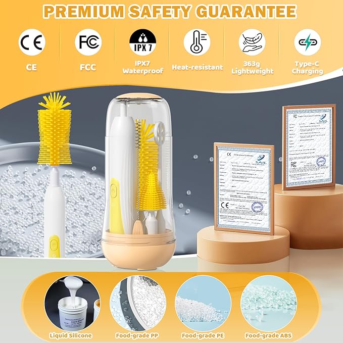 IvyWind Electric Travel Baby Bottle Brush Set with Storage Box Automatic Bottle Cleaner Brush Kit with Silicone Bottle/Nipple/Straw BrushMilk Frother Electric and Drainage Rack Rechargeable Yellow