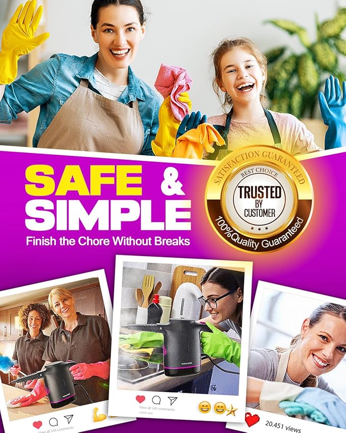 POPCHOSE Handheld Steam Cleaner for Home Portable Pressurized Steamer for Cleaning Grout Surfaces Bathroom Couch 20S Fast Heat Up 12 Accessories Steam Adjustable Safety Lock Graypurple