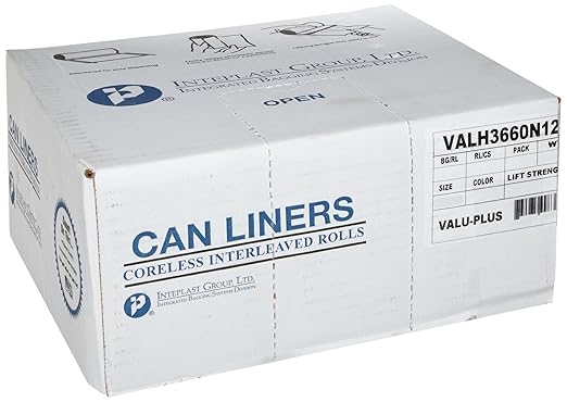 Inteplast Group VALH3660N12 High-Density Can Liner 36 x 58 55-Gallon 13 Micron Equivalent Clear 25 Per Roll (Case of 8 Rols)