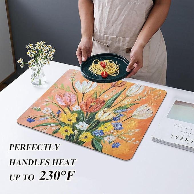flower Sunflower Peach Drying Dish Mat Absorbent Diatomaceous Earth Mat Drying Mat for Dishes Rubber Backed Kitchen Drainer Mat Household Essentials