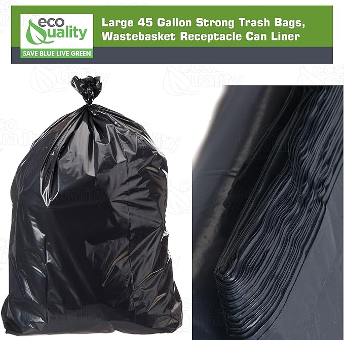 Strong Trash Bags Wastebasket Receptacle Can Liner Large 40-45 Gallon by EcoQuality 50 Count 40 x 38 Garbage Bags Black For Kitchen Household Industrial Multi Purpose Office Backyard