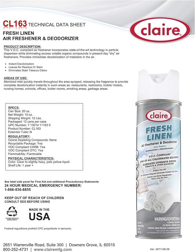 Claire CL163-12pk Fresh Linen Air Freshener &amp Deodorizer 10 Oz. Net Wt. 12 Count
