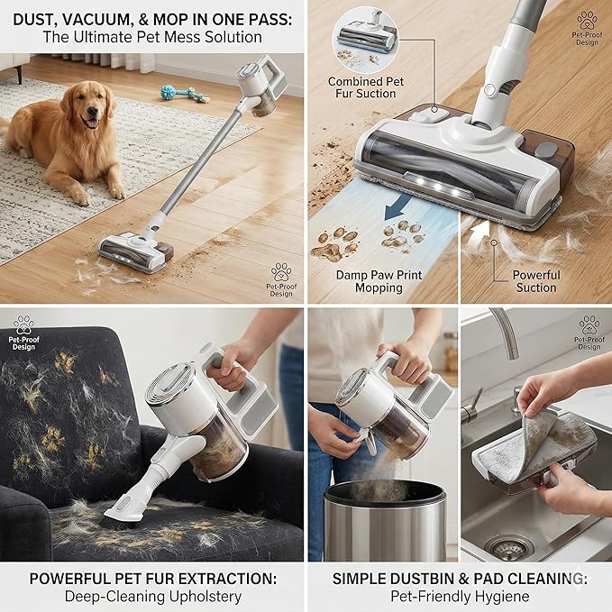 Wet Dry Vacuum Cleaner3-in-1 Cordless Vacuum and Mop Combo45Mins Runtime Vacuum Cleaners45KPA Strong SuctionAnti-Tangle Brush Roll Removable water tank for Home/Pet Hair/Carpets/FloorsWhite