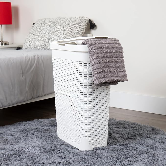 Mind Reader Slim Laundry Hamper with Lid 40L Clothes Basket Narrow Tapered Design with Ventilated Cutout Pattern Plastic White