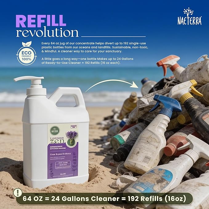 Naeterra Lavender Zen All-Purpose Cleaning Concentrate Kit – 64 oz Jug Makes 24 Gallons | Includes 16 oz Amber Glass Spray Bottle | Plant-Based Essential Oil Scented EWG Green-Rated Ingredients