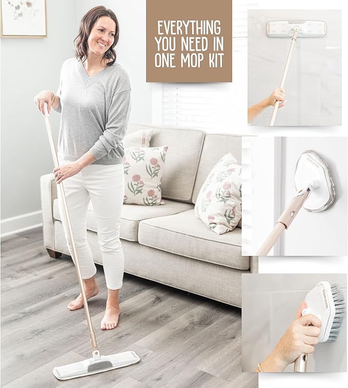 Quick Shine Ultimate Gold Clean + Polish Mop Kit | All-in-One 11 Pc Kit w/Interchangeable Attachments | Cleaner &amp Polish Included | No Batteries Needed | All Floors Pro Cleaning System | 2-in-1 Mo