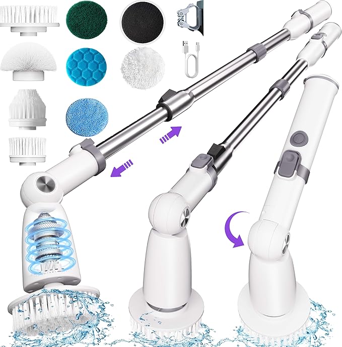 Electric Spin ScrubberFloor Shower Scrubber with Long Handle Power Scrubber Dual SpeedsCleaning Brush Cordless Scrub Brush with 3 Adjustable Angles8 Brush Heads for BathroomTile