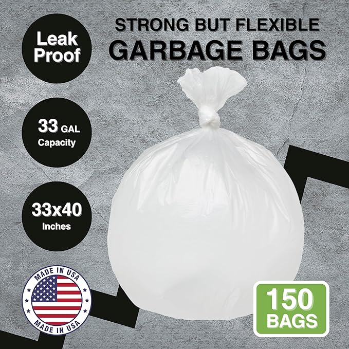 33 Gallon Garbage Trash Bag 33X40 Clear 150 Count Can Liner Bulk 30 Gallon 31 Gallon 32 Gallon 34 Gallon 35 Gallon Made in USA