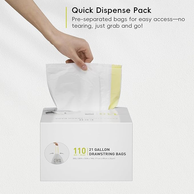 EKO 21 Gallon / 50-90 Liter110 CountDrawstring Trash Bags Extra-Strong Unscented Garbage Bags Easy-Dispense Roll for Kitchen &amp Household Use Resists Tears Leaks and Punctures Code G White