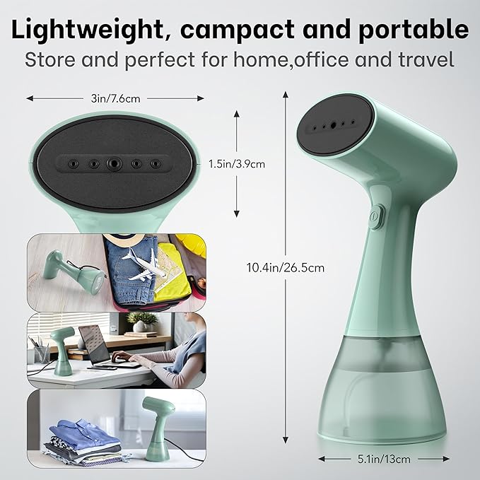 GS01 Steamer for Clothes clothes steamer handheld with Ultra Large 400ml Water Tank 1500W High Power 20S Fast Heat-upWrinkle RemoverPortable Handheld Design Travel Steamer (Green)
