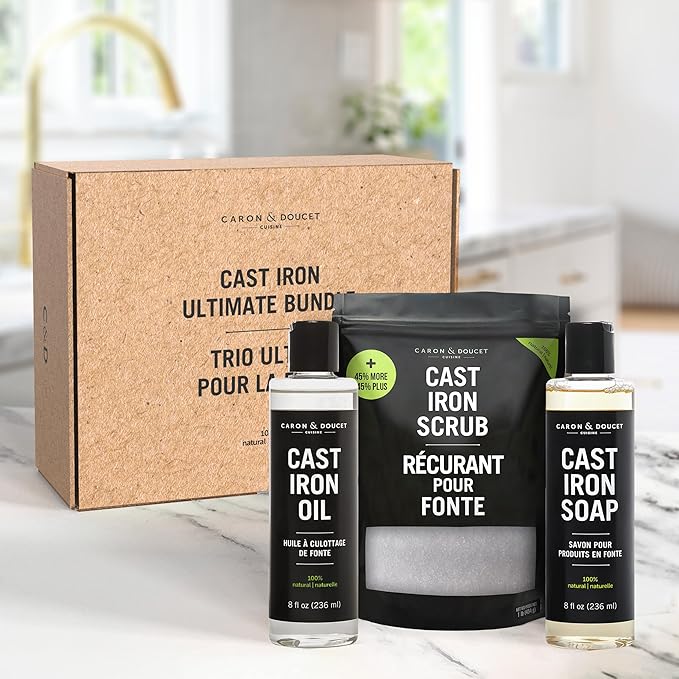 CARON &amp DOUCET – New Ultimate Cast Iron Set: Seasoning Oil Cleaning Soap &amp Restoring Scrub | 100% Plant-Based &amp Best for Cleaning Care Washing Restoring &amp Seasoning Skillets Pans &
