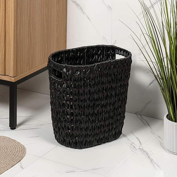 happimess HPM1407C-SET2 Maple Contemporary Farmhouse Resin 4.5-Gallon Tapered Oval Wicker Watebasket with Handles Black (Set of 2)