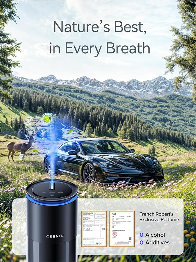 Ceeniu Car Air Freshener Smart Ultrasonic Diffuser CF12 Pro Enlarged Spray Nozzle Auto On/Off Adjustable Mode 60-Day Powerful Battery Ambient Light Premium Bamboo Forest Scent Lasts 4 Months