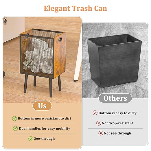 4.5 Gallon Office Trash Can for Near Desk Wood Bedroom Trashcan Rectangular Wastebasket with Mesh - Handles - Leg Small Garbage Can Trash Bin for Office Bedroom Living Room Bathroom Dorm