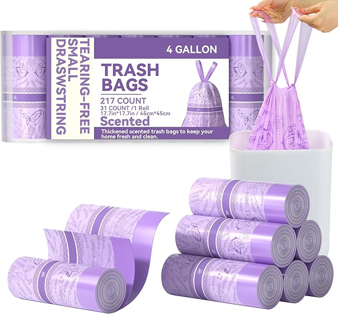 4 Gallon Small Trash Bags No-Tearing Drawstring Strong Garbage Bags Lightly Scented Bathroom Trash Bag 217 Count for Home Office KitchenOutdoor Camping