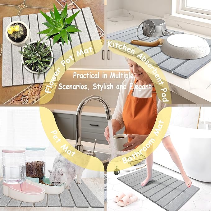 Stone Dish Drying Mat For Kitchen &amp Bathroom - Diatomaceous Earth Quick Dry Collapsible Non - Slip Pvc Rounded Corners 15.7 X 11.8 IN Absorbent Natural Material For Dishes Cups &amp More