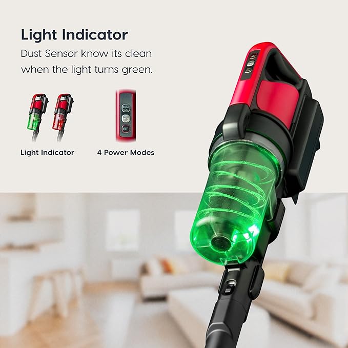 Cordless Vacuum Cleaner 11-inch Powerhead Self-Standing Design Fast Charging 50-Minute Runtime LED Dust Sensor Red