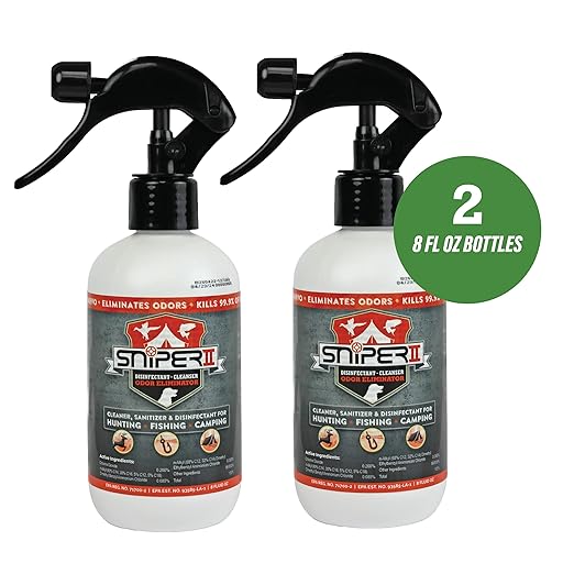 SNiPER II Disinfectant Cleanser and Odor Eliminator Cleaner for Outdoor Disinfecting Purposes Use for Hunting Fishing and Camping Made in the USA 8 Ounce Spray Bottle 2-Pack